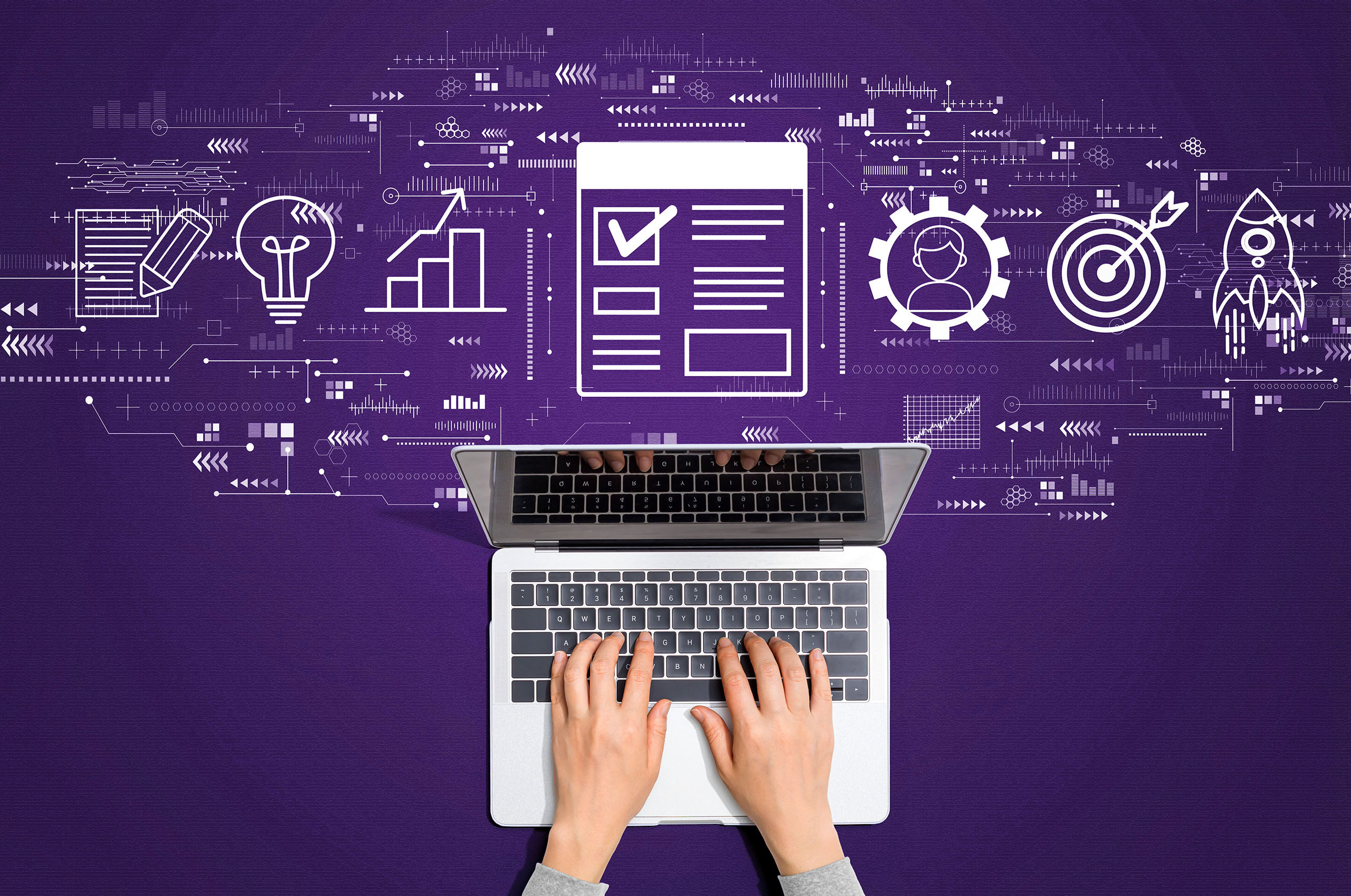 Project management theme with person using laptop