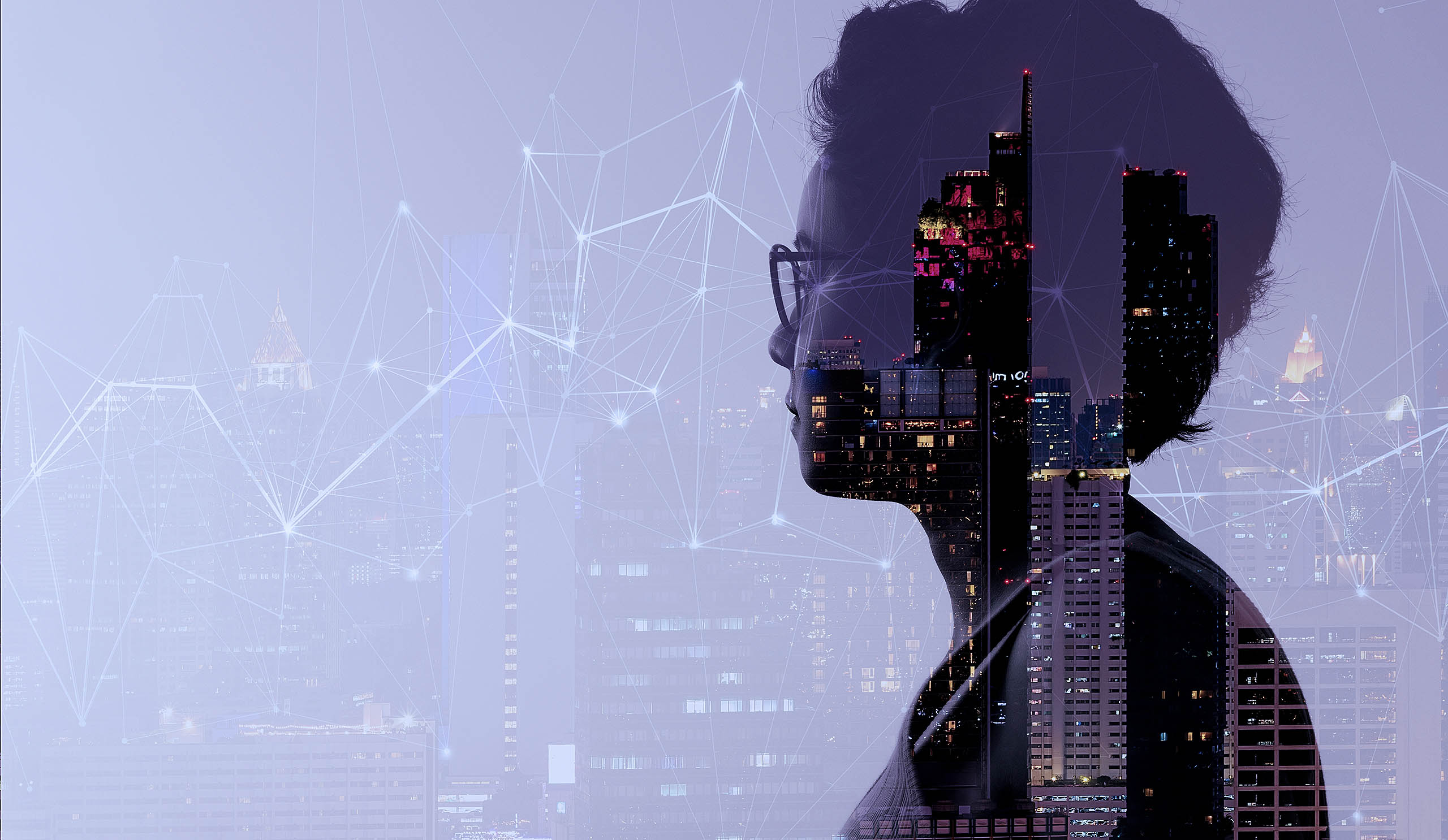 Double exposure of Asian woman silhouette and modern renewable c